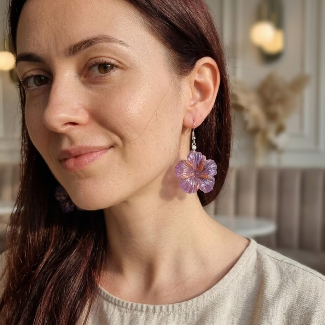 Violet Hibiscus Resin Earrings