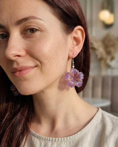 Violet Hibiscus Resin Earrings