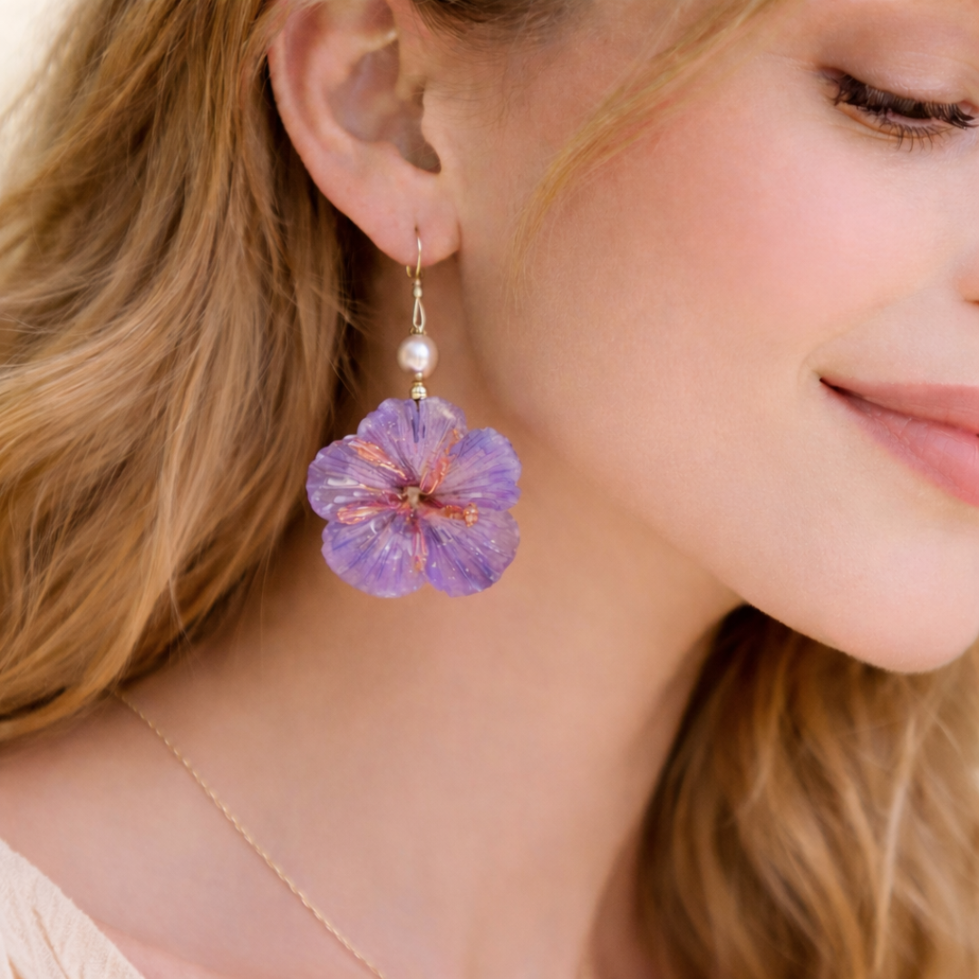 Violet Hibiscus Resin Earrings