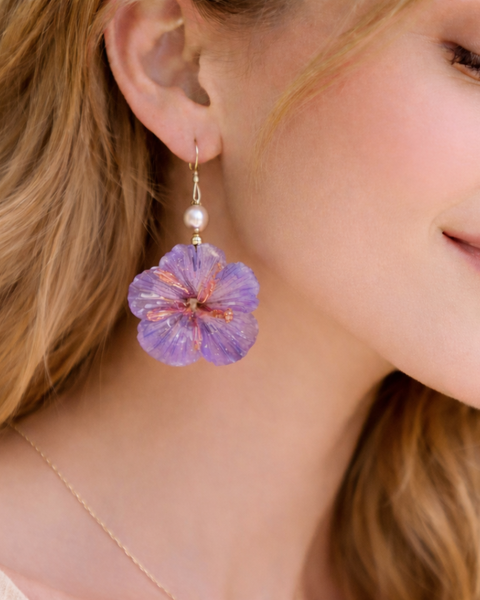 Violet Hibiscus Resin Earrings