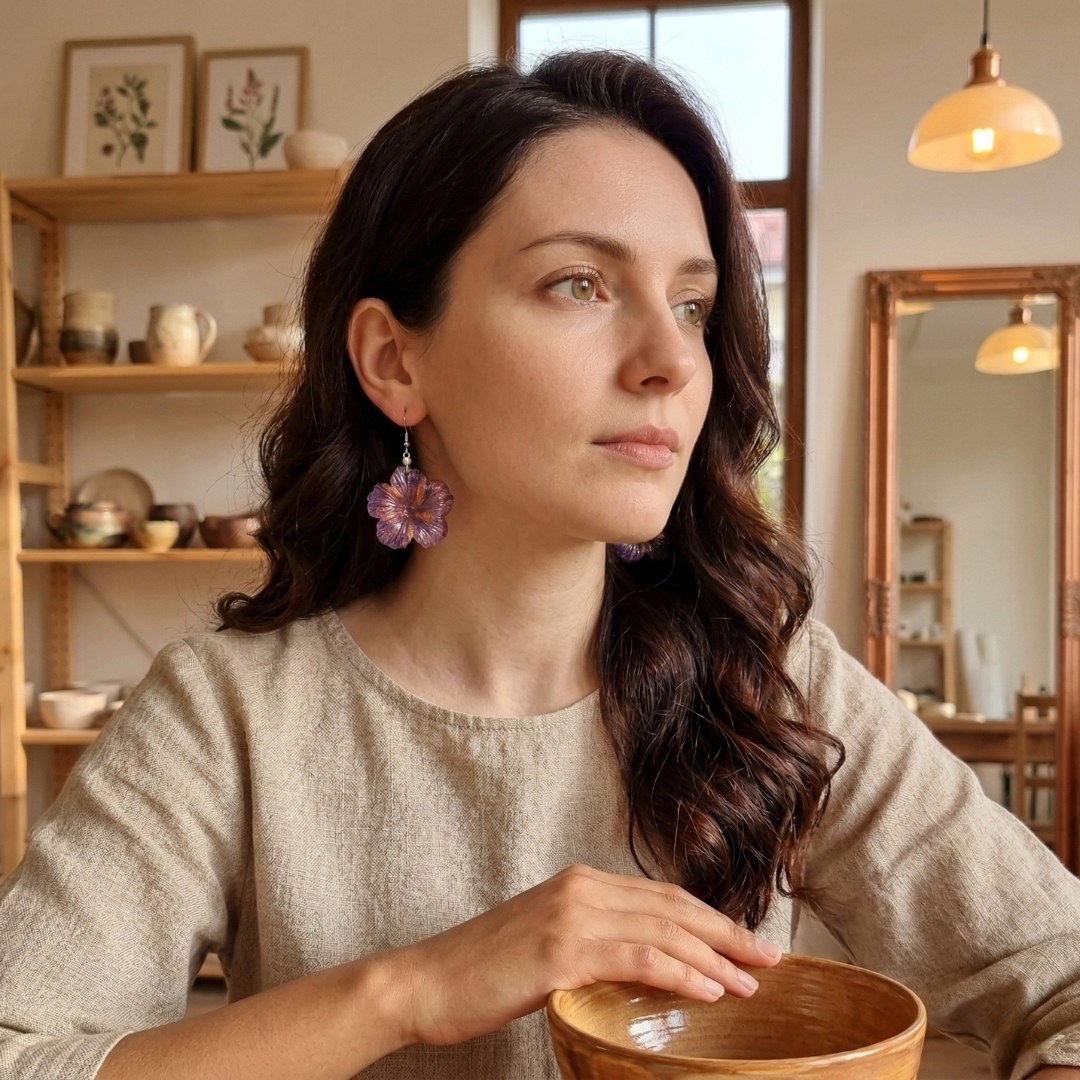 Violet Hibiscus Resin Earrings
