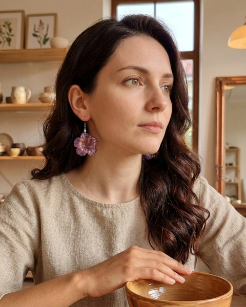 Violet Hibiscus Resin Earrings