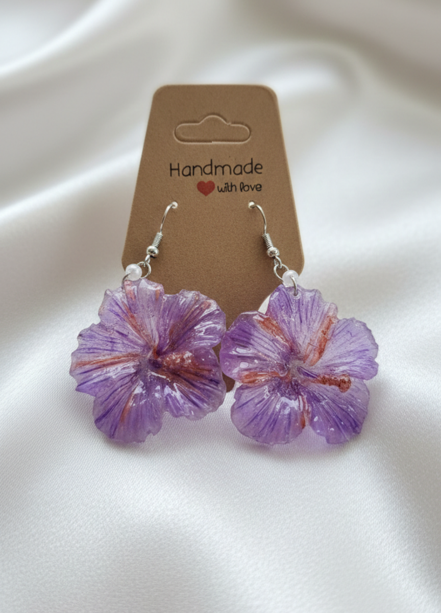 Violet Hibiscus Resin Earrings
