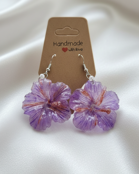 Violet Hibiscus Resin Earrings