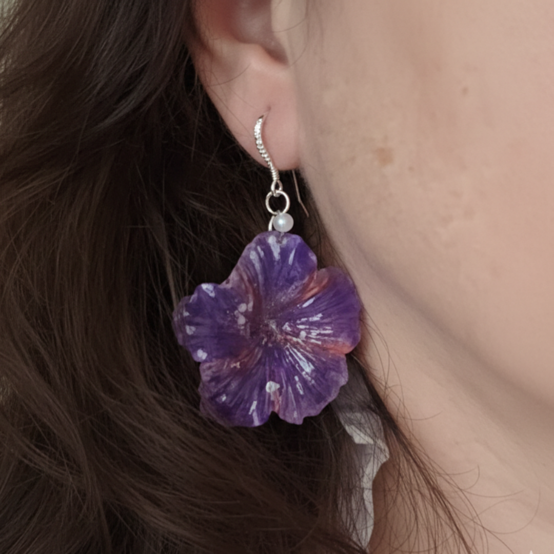 Violet Hibiscus Resin Earrings