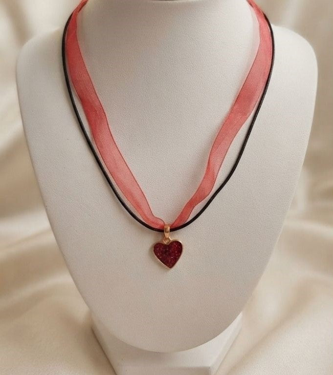 Crimson Heart Whisper Necklace – Glitter Resin Heart &amp; Organza Ribbon