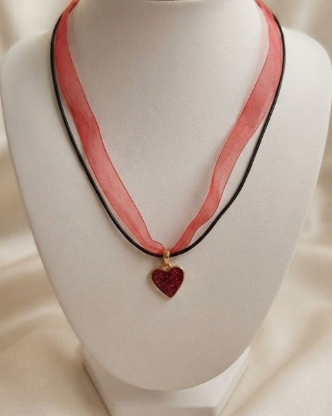 Crimson Heart Whisper Necklace – Glitter Resin Heart &amp; Organza Ribbon