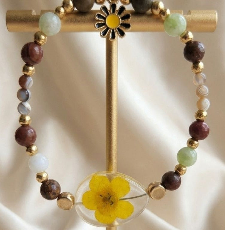 Golden Meadow Bracelet – Real Spring Flower & Natural Gemstones