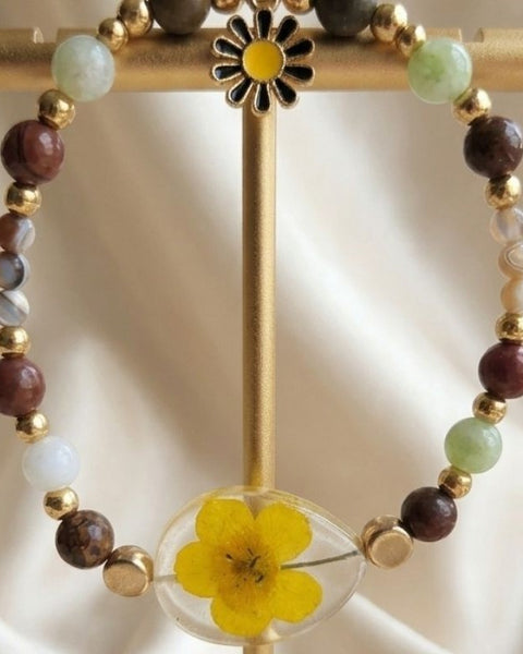 Golden Meadow Bracelet – Real Spring Flower & Natural Gemstones