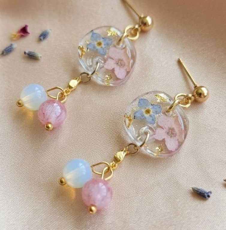 Celestial Bloom Earrings – Real Forget-Me-Not Flowers & Natural Gemstones