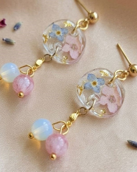 Celestial Bloom Earrings – Real Forget-Me-Not Flowers & Natural Gemstones
