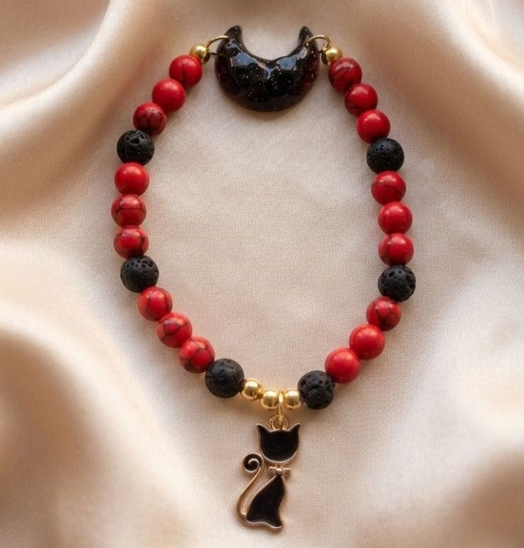Crimson Moon Cat Bracelet – A Symbol of Mystery & Inner Fire