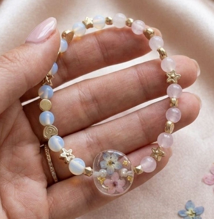 Celestial Bloom Bracelet – Real Forget-Me-Not Flowers & Natural Gemstones