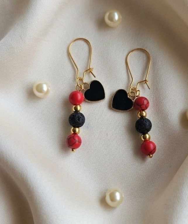Midnight Heart Earrings – Lava Stone & Red Turquoise Charm