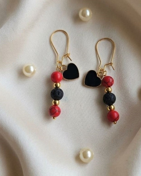 Midnight Heart Earrings – Lava Stone & Red Turquoise Charm