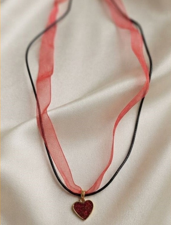 Crimson Heart Whisper Necklace – Glitter Resin Heart &amp; Organza Ribbon