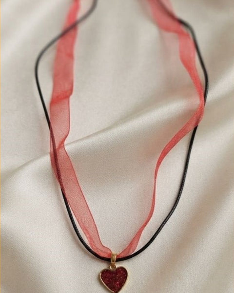Crimson Heart Whisper Necklace – Glitter Resin Heart &amp; Organza Ribbon