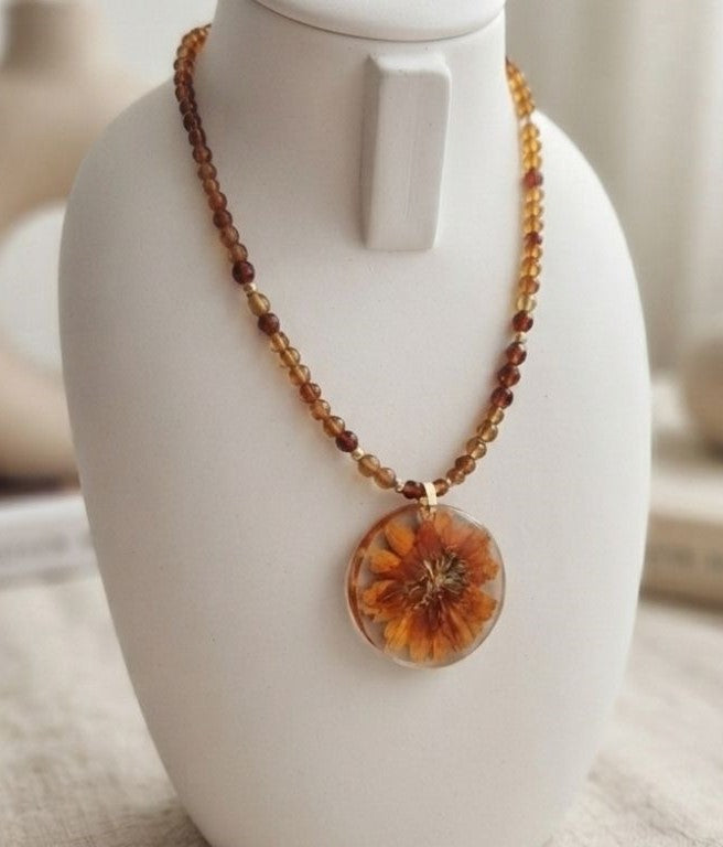 Autumn Bloom Necklace – Preserved Flower Resin Pendant