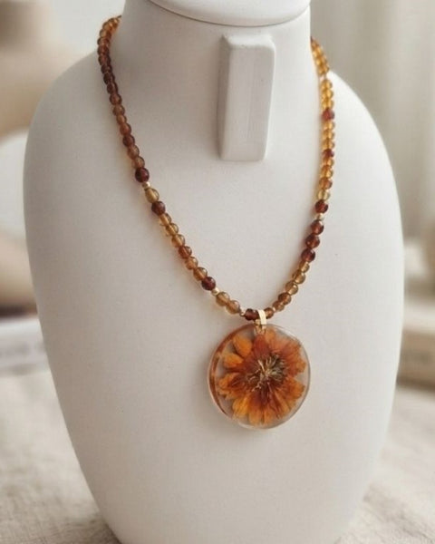 Autumn Bloom Necklace – Preserved Flower Resin Pendant