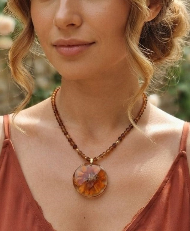 Autumn Bloom Necklace – Preserved Flower Resin Pendant