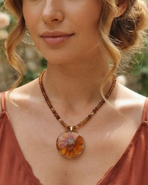 Autumn Bloom Necklace – Preserved Flower Resin Pendant