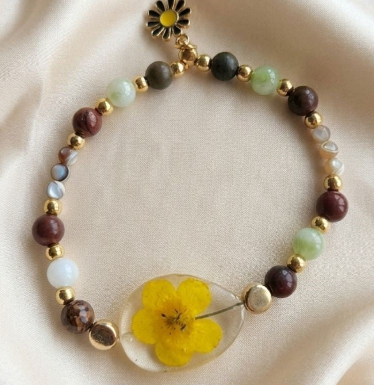 Golden Meadow Bracelet – Real Spring Flower & Natural Gemstones