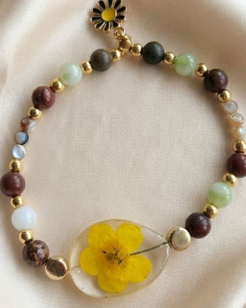 Golden Meadow Bracelet – Real Spring Flower & Natural Gemstones