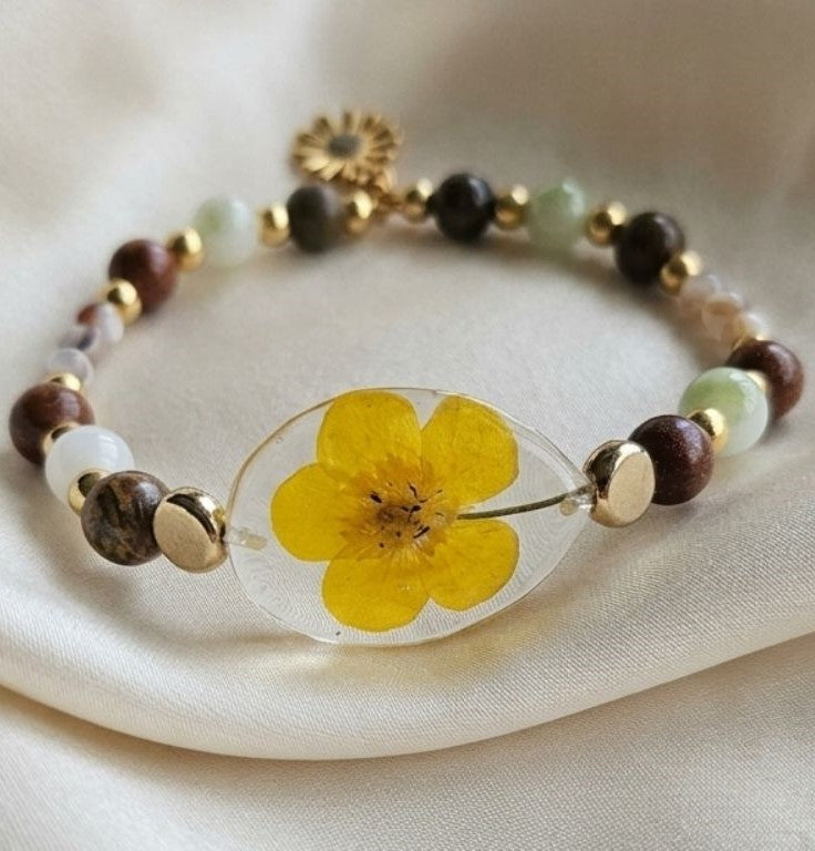 Golden Meadow Bracelet – Real Spring Flower & Natural Gemstones