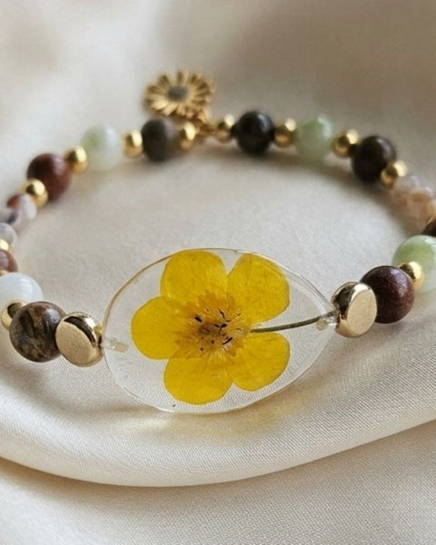 Golden Meadow Bracelet – Real Spring Flower & Natural Gemstones