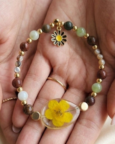 Golden Meadow Bracelet – Real Spring Flower & Natural Gemstones
