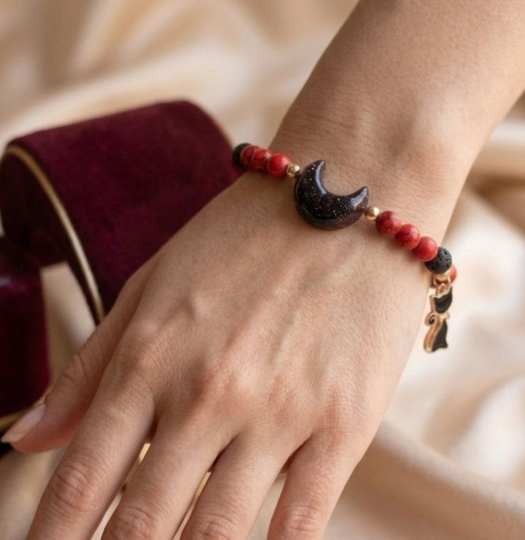 Crimson Moon Cat Bracelet – A Symbol of Mystery & Inner Fire
