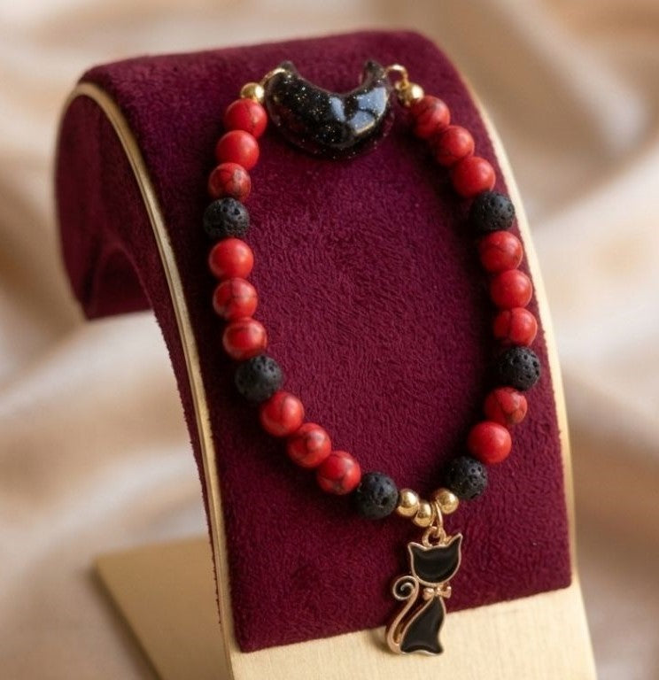 Crimson Moon Cat Bracelet – A Symbol of Mystery & Inner Fire