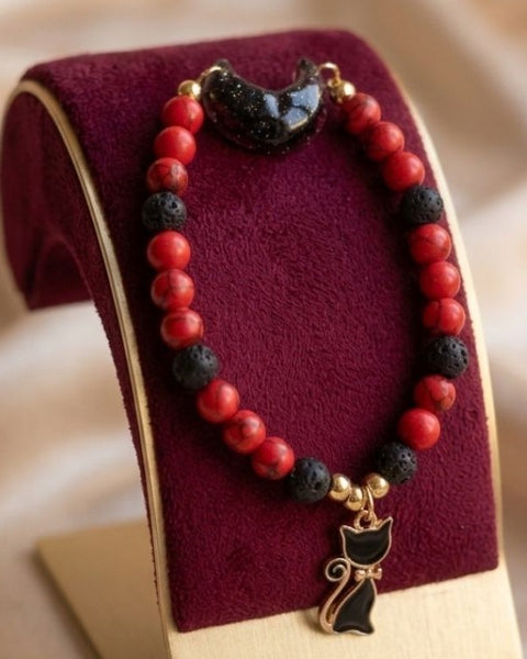 Crimson Moon Cat Bracelet – A Symbol of Mystery & Inner Fire