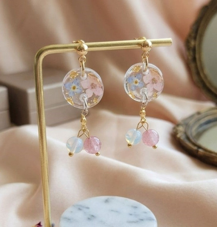 Celestial Bloom Earrings – Real Forget-Me-Not Flowers & Natural Gemstones