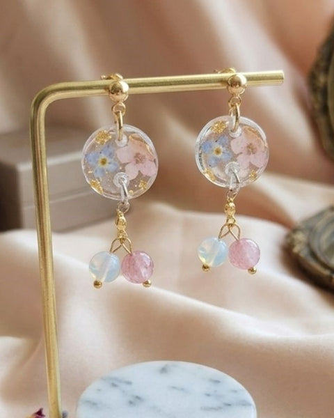 Celestial Bloom Earrings – Real Forget-Me-Not Flowers & Natural Gemstones