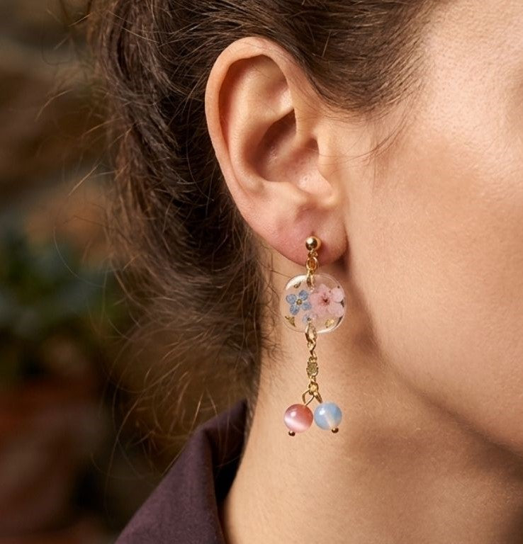 Celestial Bloom Earrings – Real Forget-Me-Not Flowers & Natural Gemstones