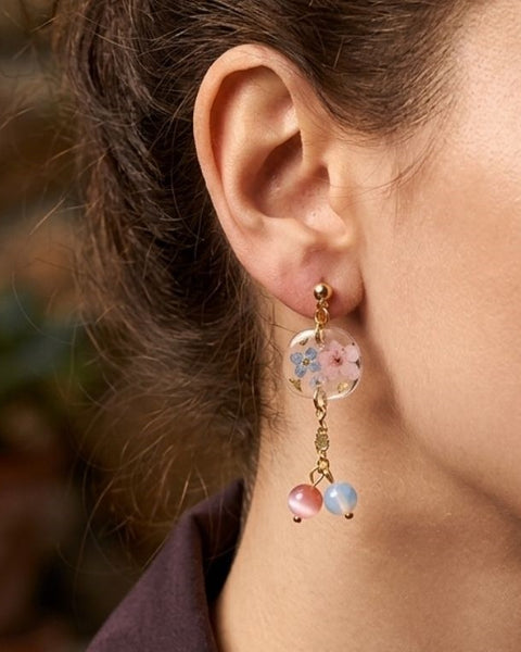 Celestial Bloom Earrings – Real Forget-Me-Not Flowers & Natural Gemstones