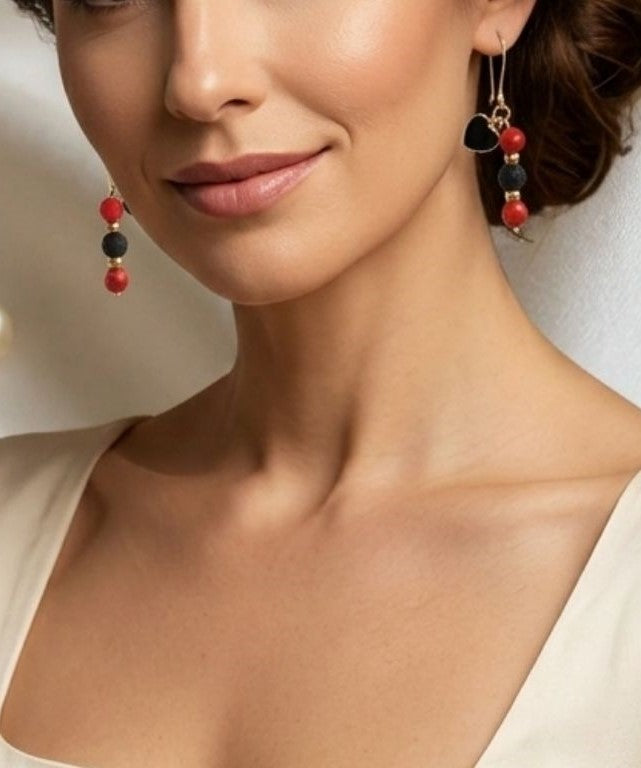 Midnight Heart Earrings – Lava Stone & Red Turquoise Charm