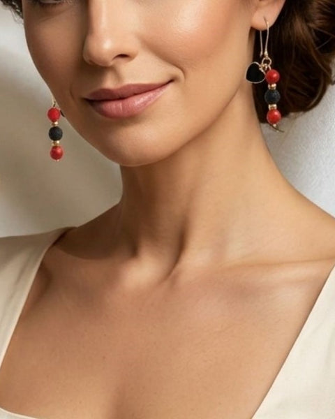 Midnight Heart Earrings – Lava Stone & Red Turquoise Charm