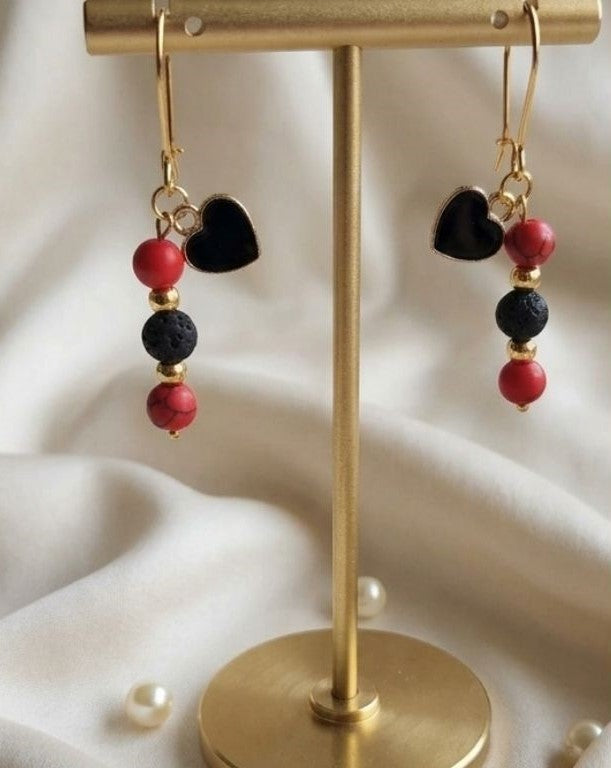 Midnight Heart Earrings – Lava Stone & Red Turquoise Charm