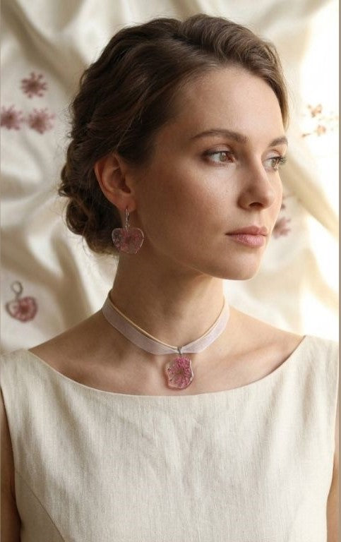 Blush Pink Bloom Resin Jewelry Set - Necklace and Earring with Preserved Real Flowers