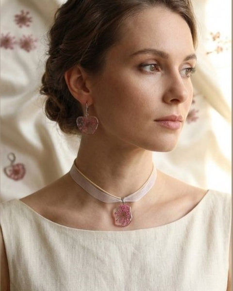 Blush Pink Bloom Resin Jewelry Set - Necklace and Earring with Preserved Real Flowers