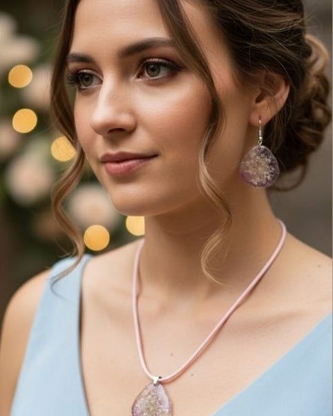 Blush Purple Bloom Resin Jewelry set - Necklace & earrings with Preserved Flowers