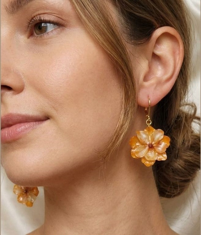 Amber Blossom Resin Earrings – Floral Elegance with Gold Accents