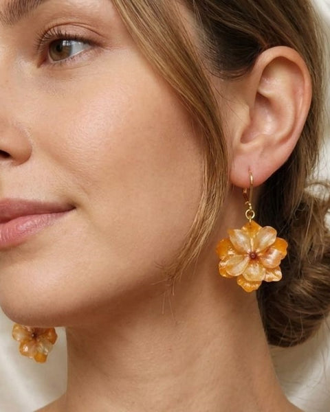 Amber Blossom Resin Earrings – Floral Elegance with Gold Accents