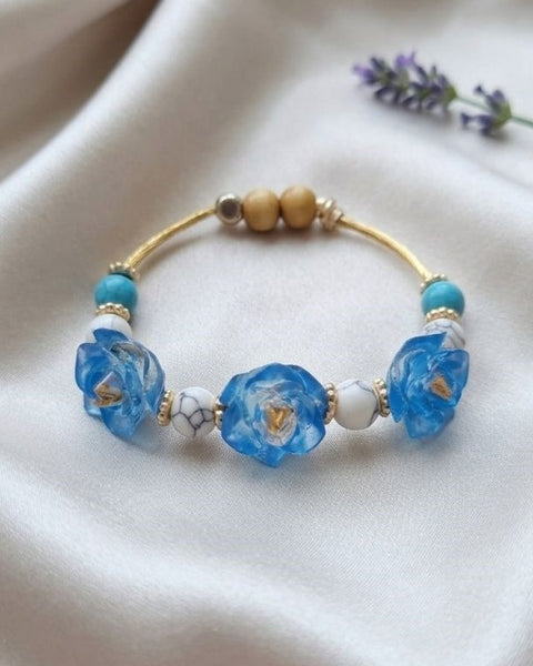 Ocean Harmony Bracelet – Blue Resin with Gold, Stone and Wood Accents