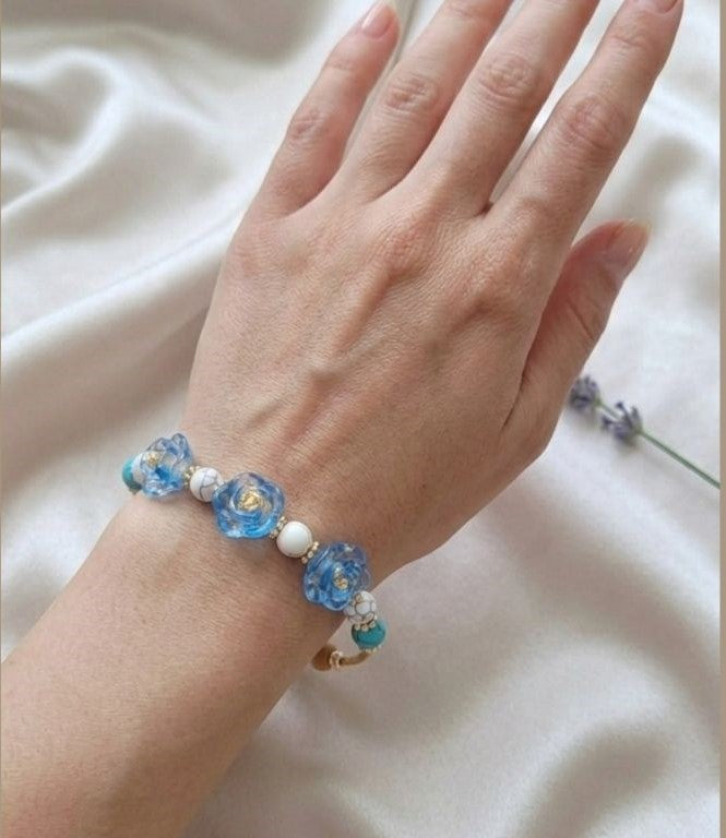 Ocean Harmony Bracelet – Blue Resin with Gold, Stone and Wood Accents