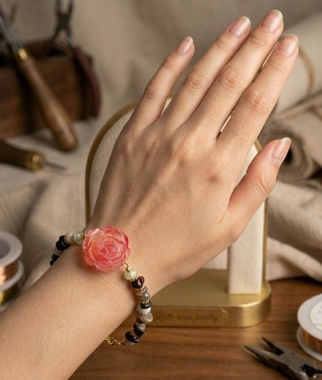Everlasting Bloom" Statement Bracelet – Shimmering Rose & Earthy Gemstones