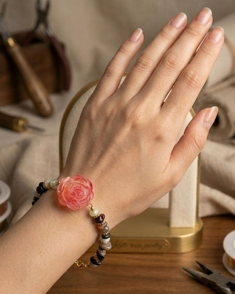Everlasting Bloom" Statement Bracelet – Shimmering Rose & Earthy Gemstones