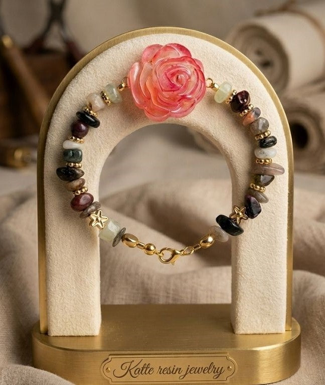 Everlasting Bloom" Statement Bracelet – Shimmering Rose & Earthy Gemstones